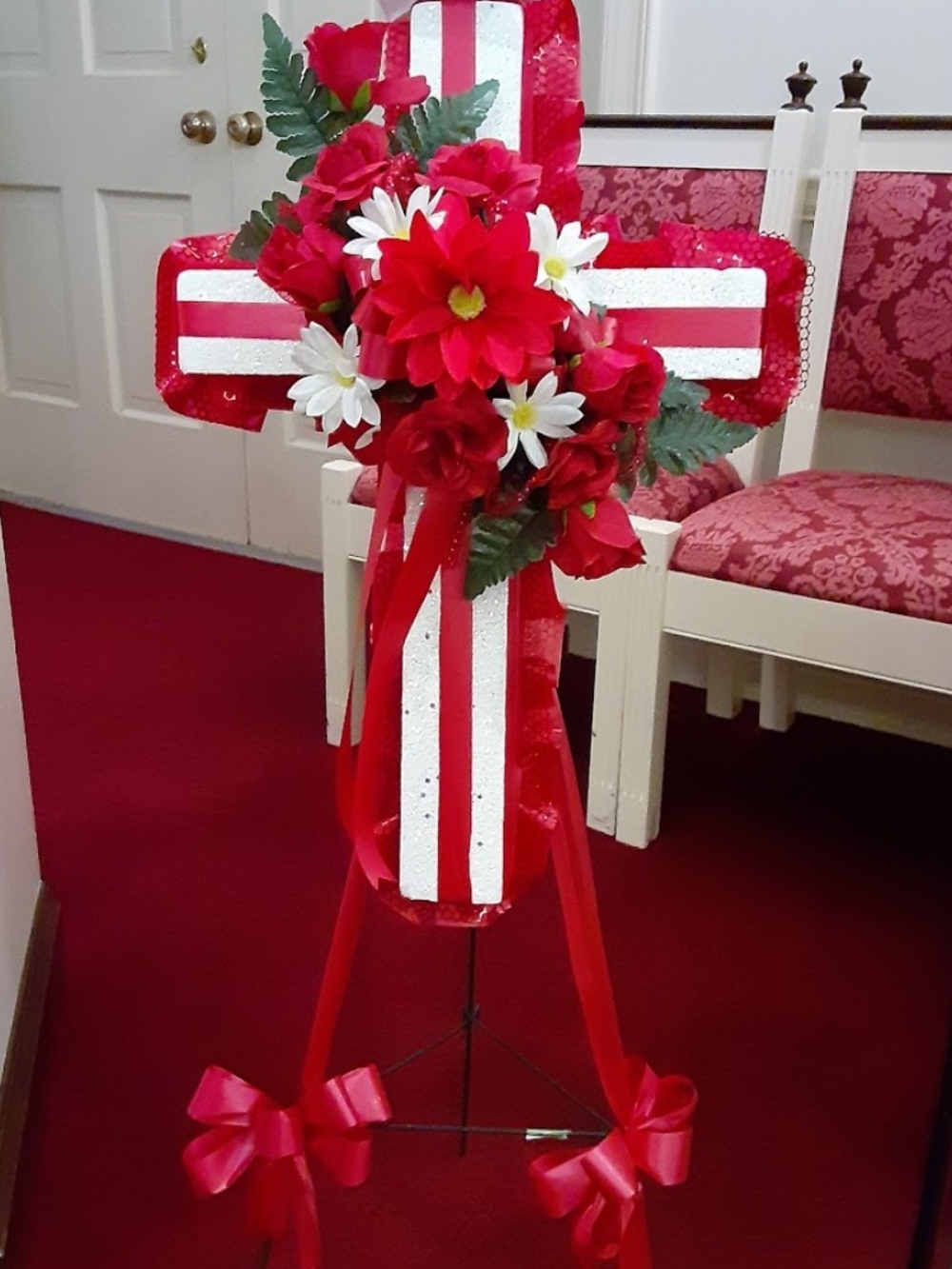 Red and White Floral Cross Standing Memorial